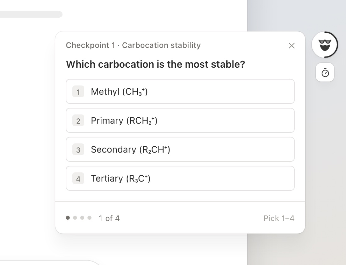 A Dumbledore checkpoint quiz asking which carbocation is the most stable